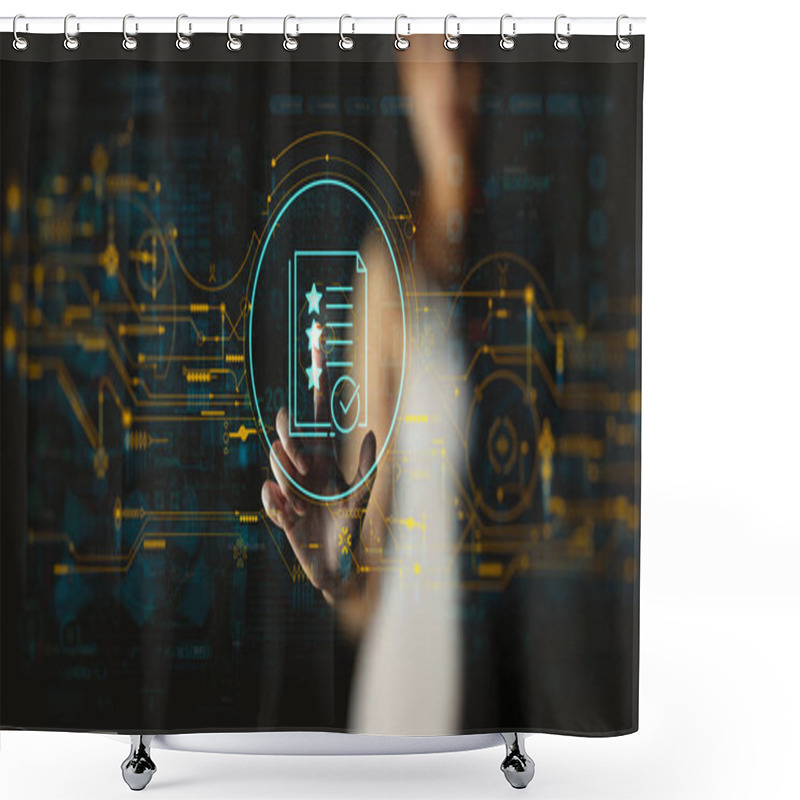 Personality  Businesswoman Hand Touch Icon Of Document Management Data System Business Internet Technology Concept. Shower Curtains