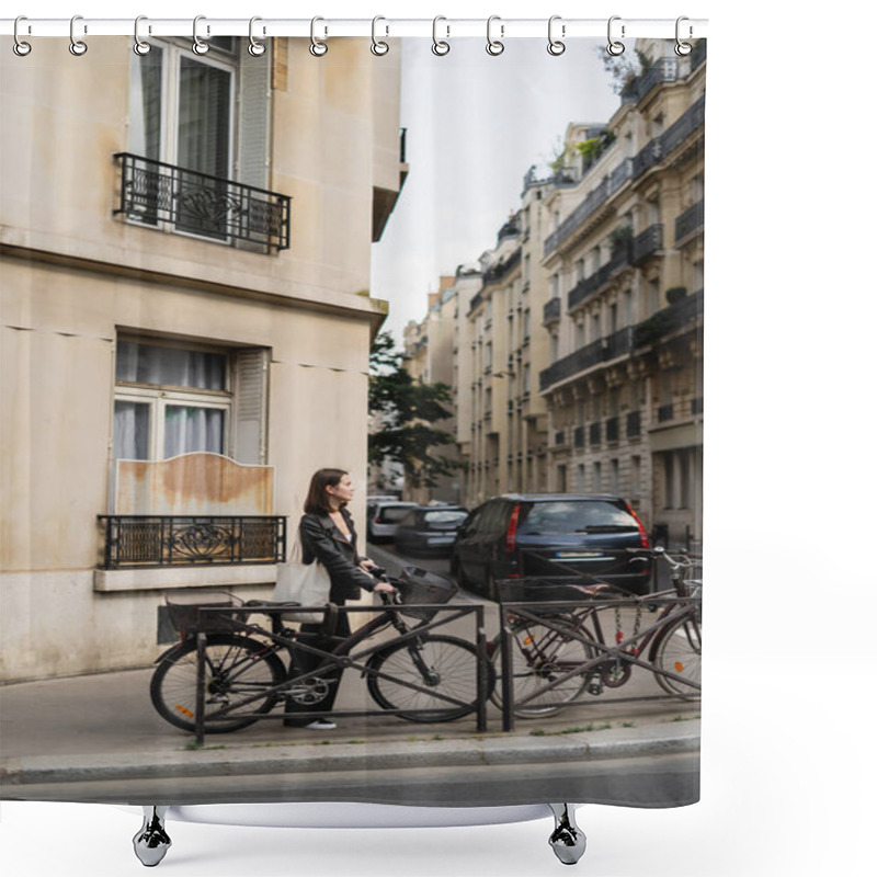 Personality  Side View Of Young Stylish Woman In Black Leather Jacket Standing Near Bicycle On Street In Paris  Shower Curtains