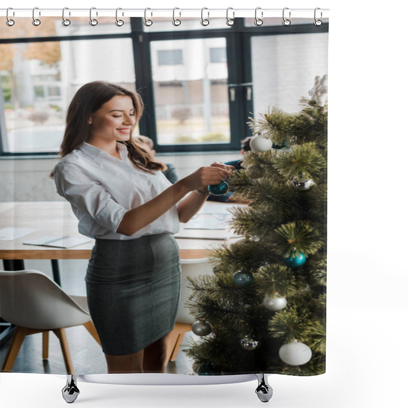 Personality  Cheerful Businesswoman Standing Near Decorated Christmas Tree In Office  Shower Curtains