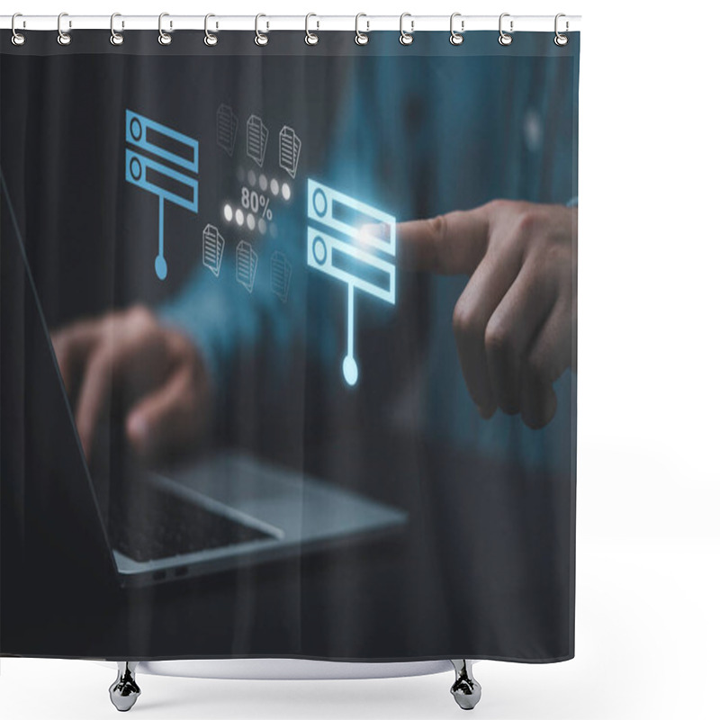 Personality  Businessman Hand Using Laptop Computer With Data Host Server Storage Icon For Information Exchange And Transfer Concept. Shower Curtains