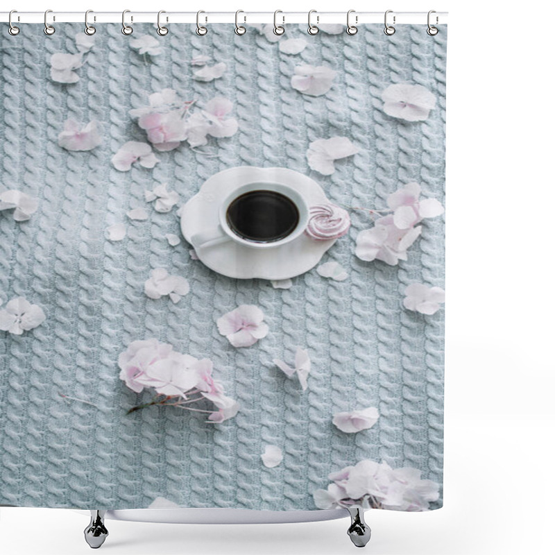 Personality  Cup Of Coffee On Pale Pastel Blanket With Pink Flower Petals. Flat Lay, Top View. Shower Curtains