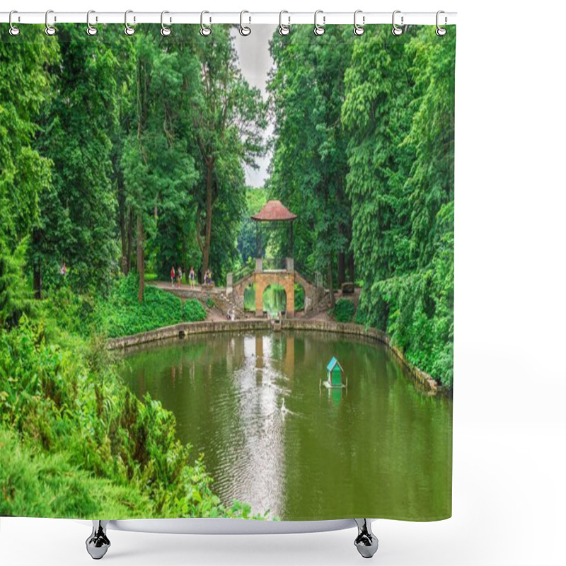 Personality  Bila Tserkva, Ukraine 06.20.2020. Chinese Bridge In The Alexandria Park, One Of The Most Beautiful And Famous Arboretums In Ukraine, On A Cloudy Summer Day. Shower Curtains