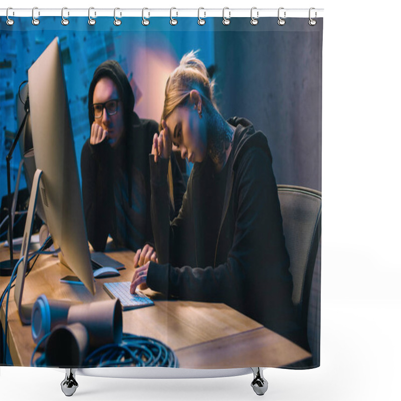 Personality  Depressed Couple Of Hackers Having Problem With Malware Development Shower Curtains