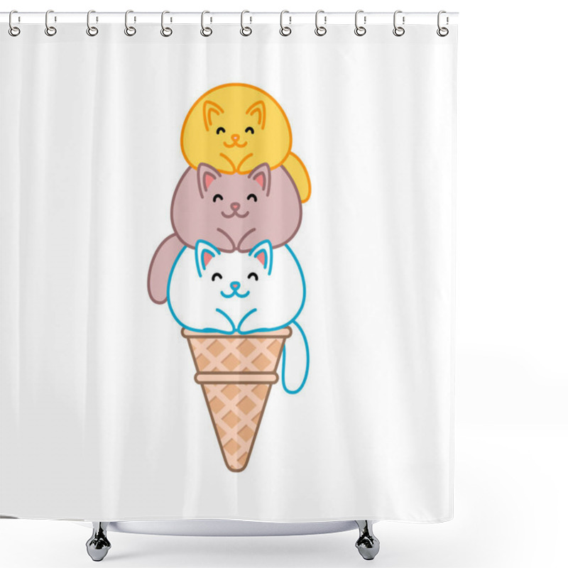 Personality  Cute Cat Ice-cream. Illustration Of Ice-creams Looks Like Three Kawaii Kittens Sitting On Each Other In A Waffle Cone. Vector 8 EPS. Shower Curtains