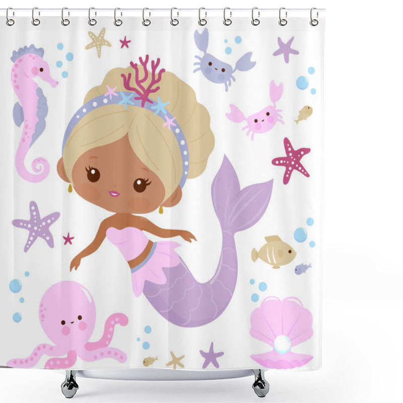 Personality  Beautiful Mermaid And Sea Animals. Vector Illustration Shower Curtains