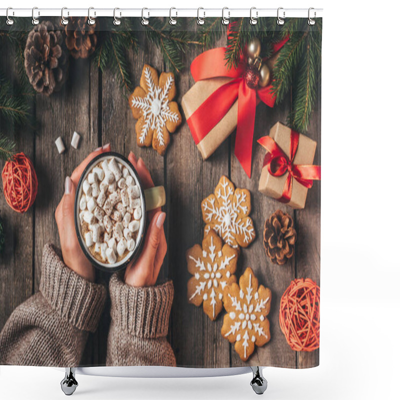 Personality  Cropped View Of Woman Holding Cup Of Cocoa With Marshmallows And Gingerbread On Wooden Background With Christmas Gifts Shower Curtains