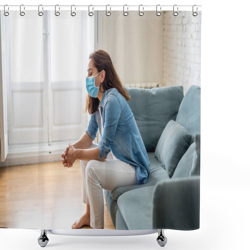 Personality  Sad Latin Woman With Protective Face Mask At Home Living Room Couch Feeling Tired And Worried Suffering Depression Amid Coronavirus Lockdown And Social Distancing. Mental Health And Isolation Concept. Shower Curtains