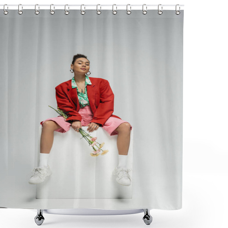 Personality  African American Woman In Stylish Red Blazer Holding Flowers And Sitting On Cube On Grey Backdrop Shower Curtains