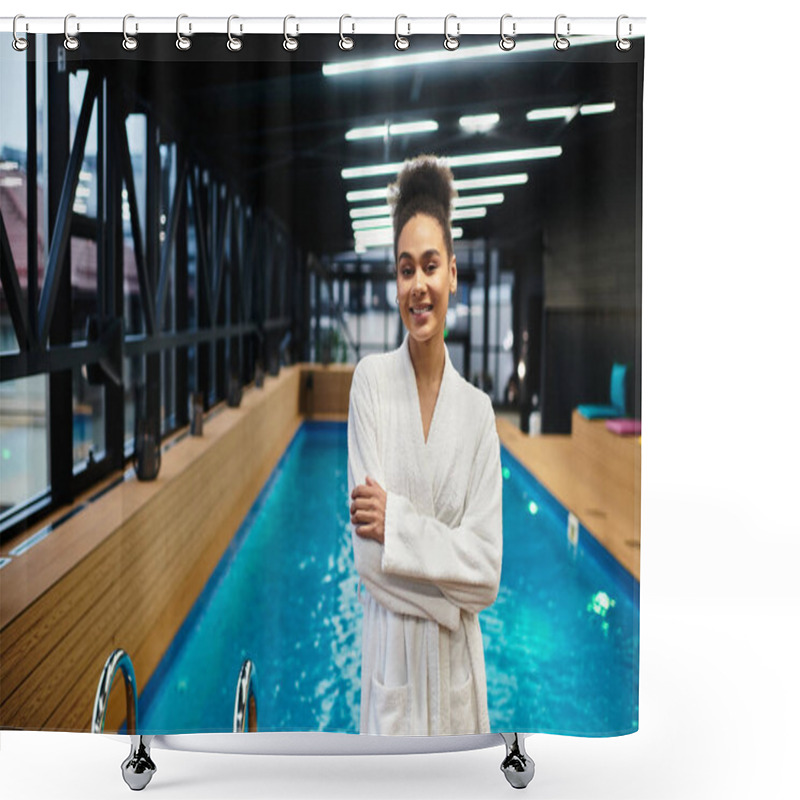 Personality  Beautiful Young Woman Smiles Confidently While Standing By The Calming Spa Pool Area During The Day. Shower Curtains