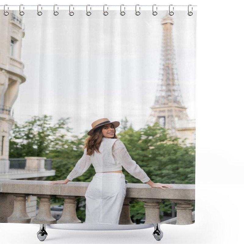 Personality  Happy Young Woman In Blouse And Sun Hat Standing With Eiffel Tower At Background In Paris  Shower Curtains