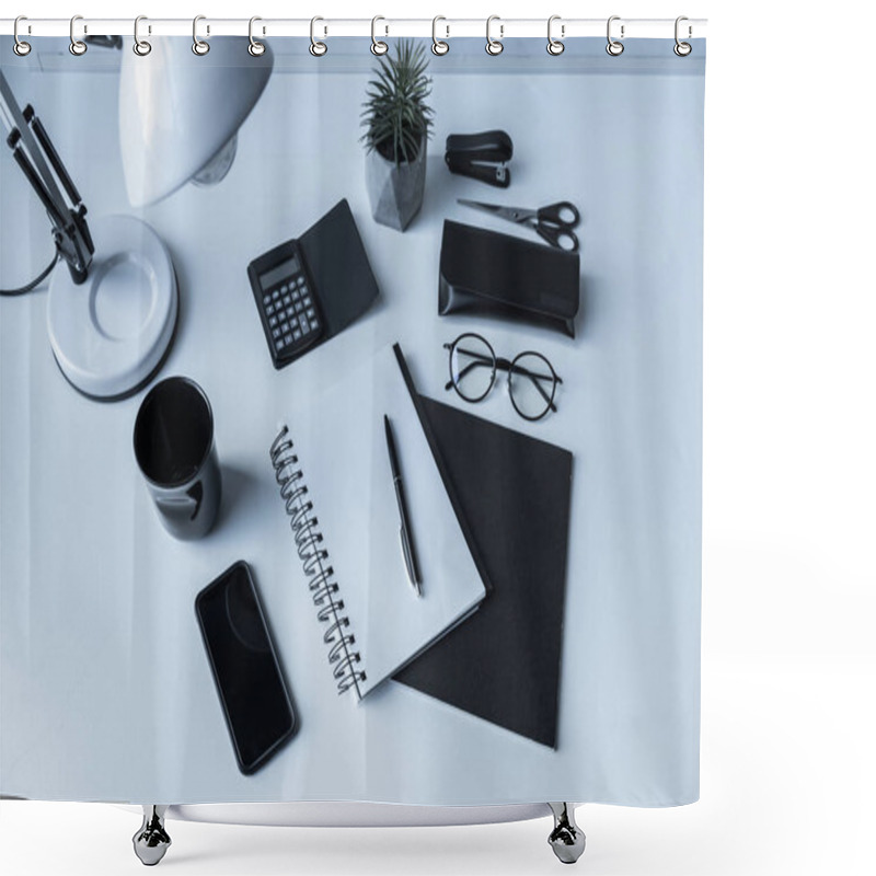 Personality  Overhead View Of Notebook And Pen On Working Table Shower Curtains