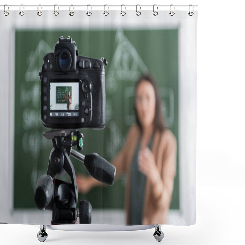 Personality  Blurred Teacher Standing Near Chalkboard And Digital Camera  Shower Curtains