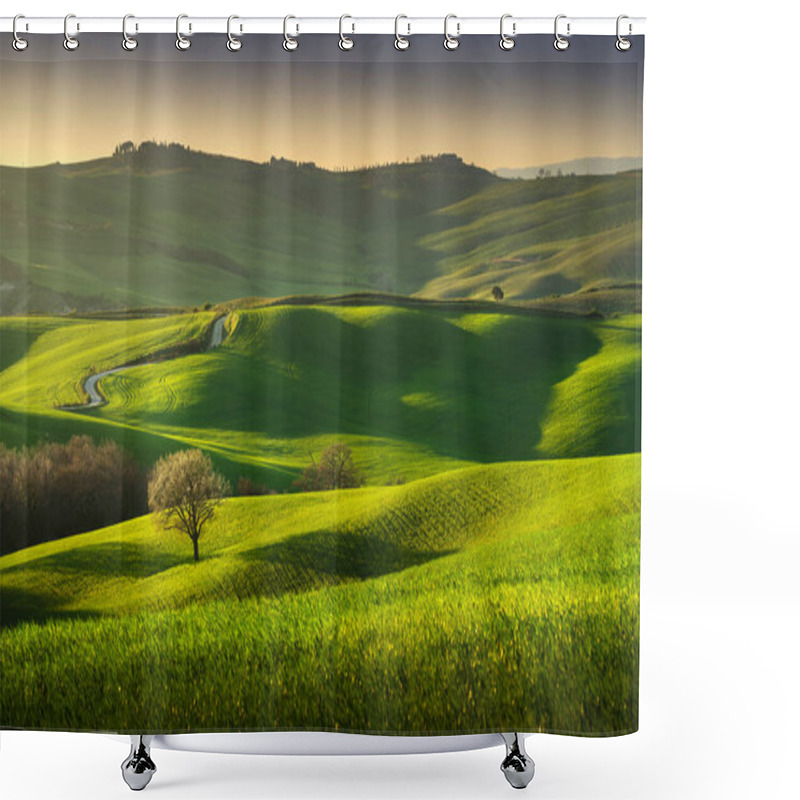 Personality  Springtime In Tuscany, Rolling Hills, Wheat And Tree At Sunset. Pienza, Italy Europe. Shower Curtains