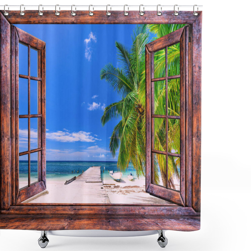 Personality  View From An Open Window With A Curtain Caribbean Sea Dominican Republic Evening Beautiful Sunset Shower Curtains