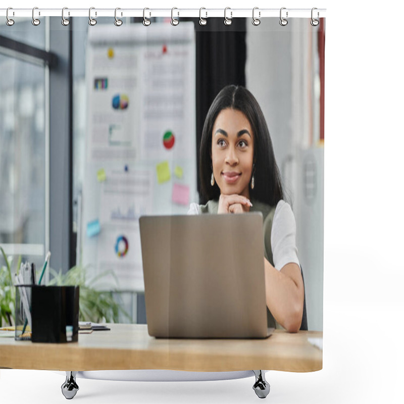 Personality  A Thoughtful Woman Reflects While Working At Her Desk In A Vibrant Workspace. Shower Curtains