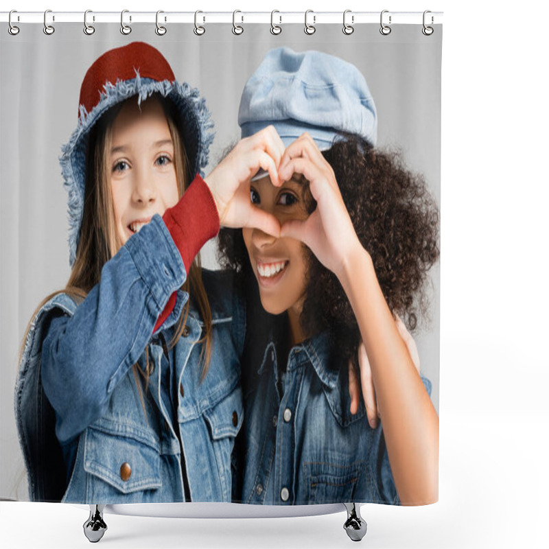 Personality  Happy Multicultural Girls In Denim Clothes And Hats Showing Heart Symbol With Hands Isolated On Grey Shower Curtains