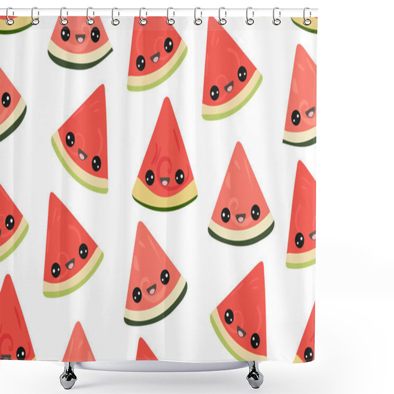 Personality  Seamless Pattern With Cute Kawaii Watermelons On White Background. Cool Fruit Print, Wallpaper. Cartoon Watermelon  Slices .  Vector Shower Curtains