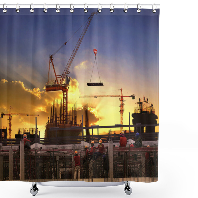 Personality  Worker Working In High Building Construction Site Against Beauti Shower Curtains