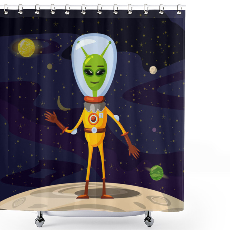 Personality  Alien In A Spacesuit, Cartoon Style, Background Space, Vector Isolated Shower Curtains