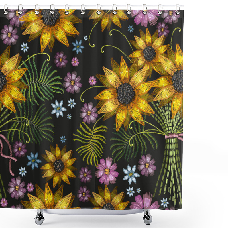 Personality  Embroidery Bouquet Sunflowers Flowers Seamless Pattern Shower Curtains