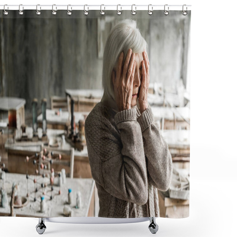 Personality  Retired Woman Touching Face And Standing In Dirty Classroom  Shower Curtains