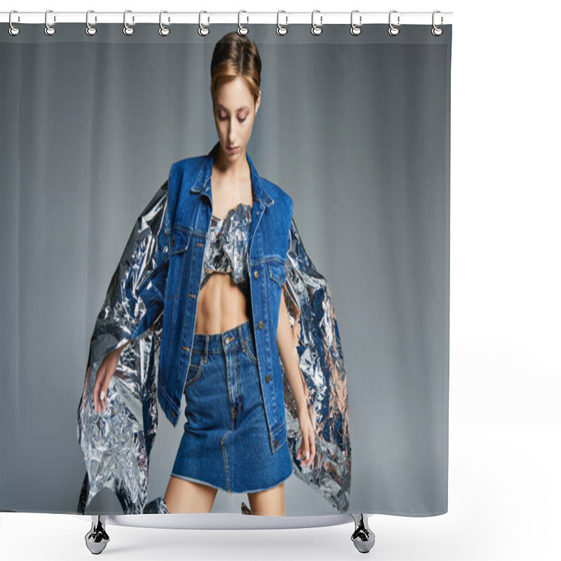 Personality  A Woman Models A Denim Jacket And Skirt With Metallic Accents For A Sustainable Fashion Look. Shower Curtains