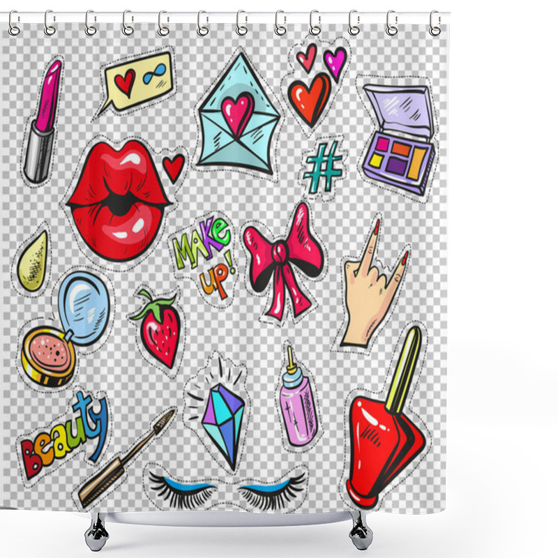 Personality  Set Of Fashion Stickers, Pins, Patches In Cartoon 80s-90s Comic Style. Pop Art Shower Curtains