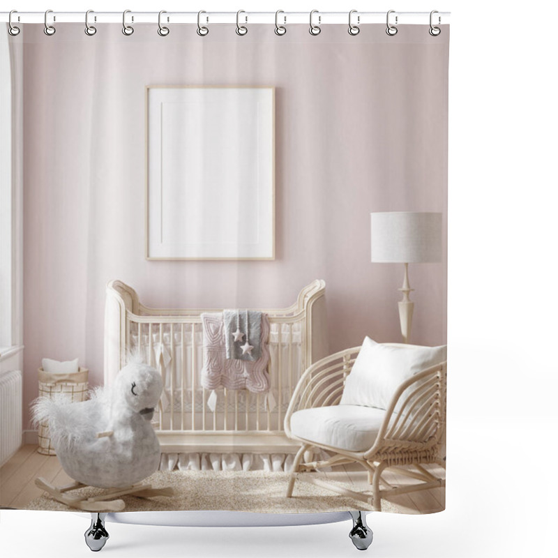 Personality  Mock Up Frame In Girl Nursery With Natural Wooden Furniture, 3D Render Shower Curtains