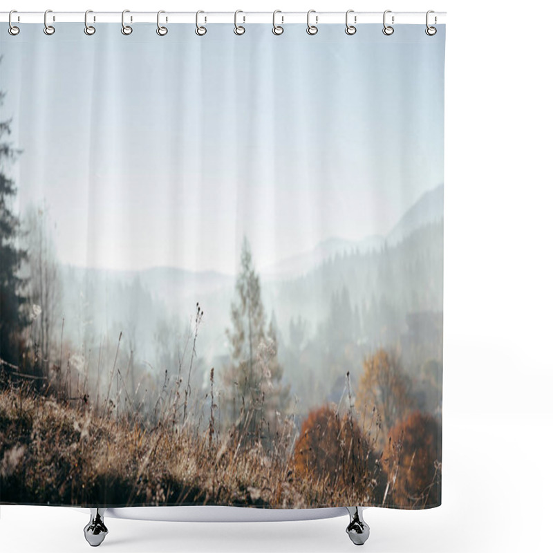 Personality  Close-up Shot Of Plants On Hill With Foggy Mountains On Background, Carpathians, Ukraine Shower Curtains