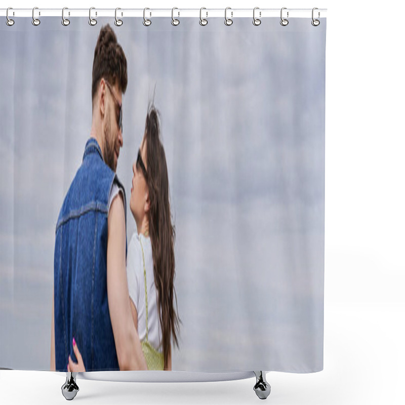 Personality  Side View Of Trendy Romantic Couple In Sunglasses And Summer Outfits Hugging And Looking At Each Other While Standing With Cloudy Sky At Background, Countryside Leisurely Stroll, Banner  Shower Curtains