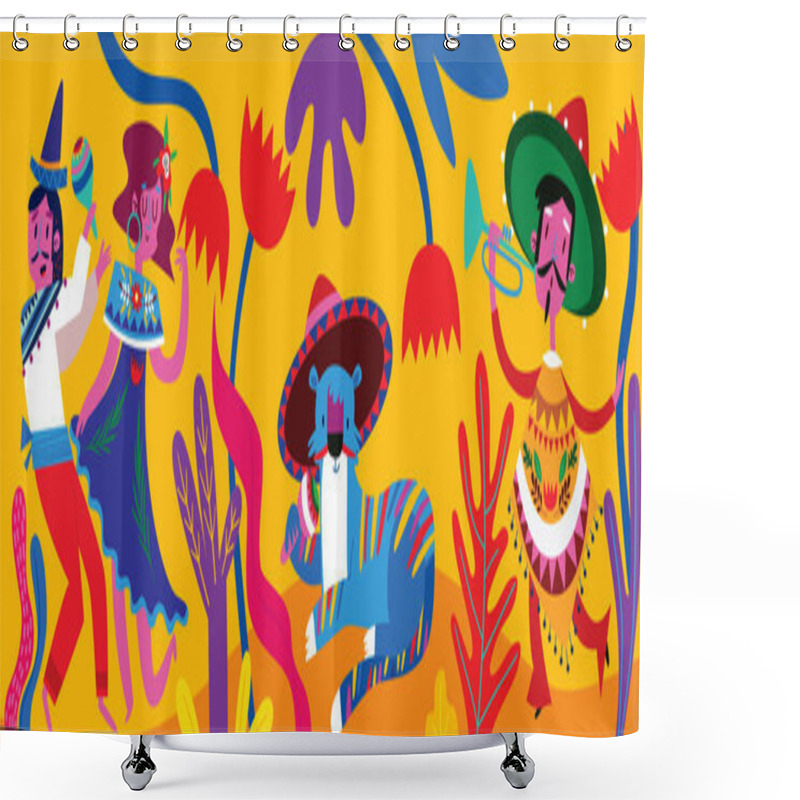 Personality  Funny Mexicans Dancing, Illustration Banner On Yellow Background Shower Curtains