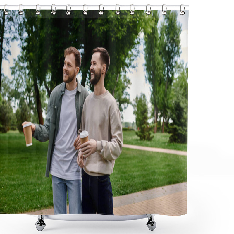 Personality  Two Bearded Men, Dressed Casually, Share A Laugh While Walking In A Park, Each Holding A Cup Of Coffee. Shower Curtains