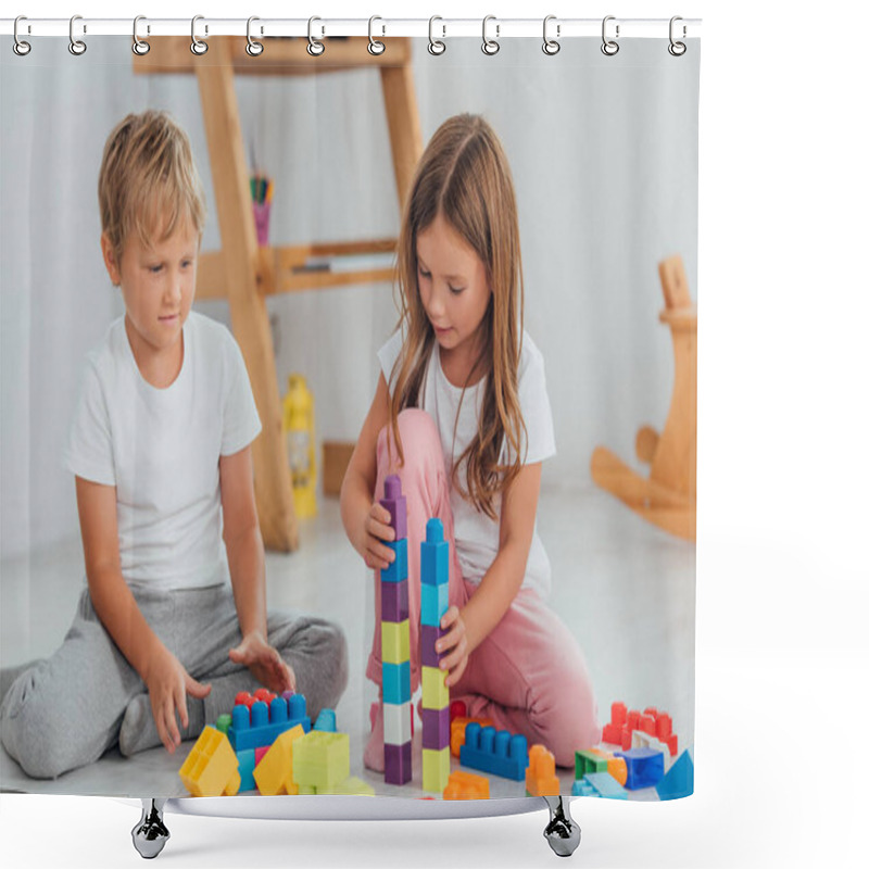 Personality  Concentrated Kids In Pajamas Playing With Building Blocks While Sitting On Floor Shower Curtains