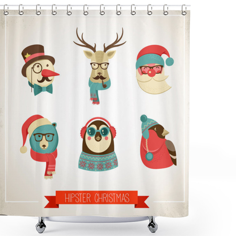 Personality  Christmas Background With Hipster Animals Shower Curtains