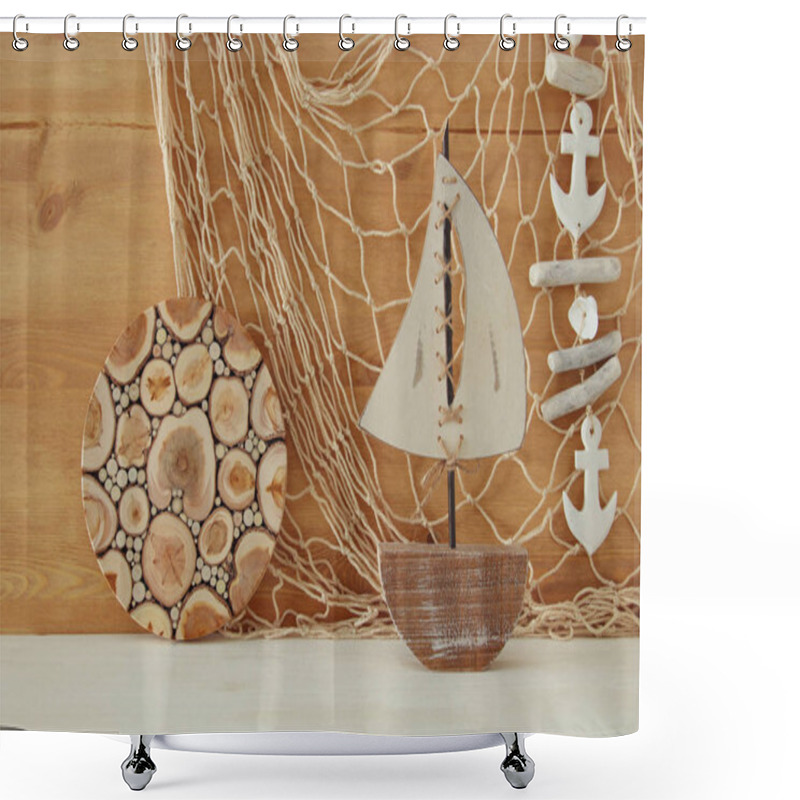 Personality  Nautical Concept With Sea Life Style Objects On Wooden Table. Shower Curtains