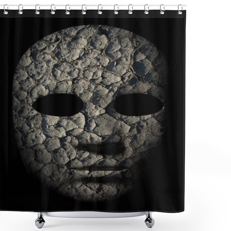 Personality  Textured Mask With Cracked Rough Wood  Painted Surface, Neutral Expression On Dark Background. Shower Curtains