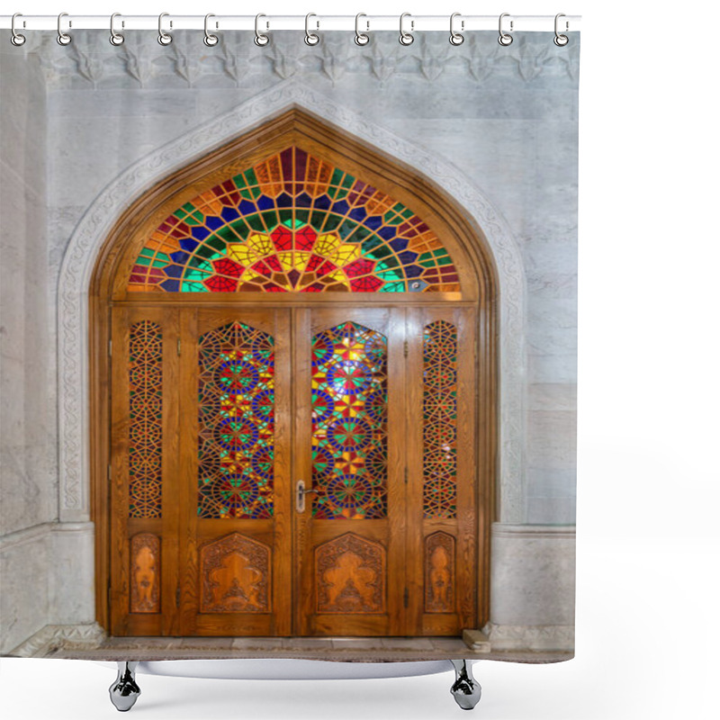 Personality  Intricate Stained Glass Decorates A Wooden Door At Bibi-Heybat Mosque, Baku, Azerbaijan, Showcasing Vibrant Colors And Detailed Patterns, Reflecting Rich Cultural Heritage And Architectural Elegance Shower Curtains