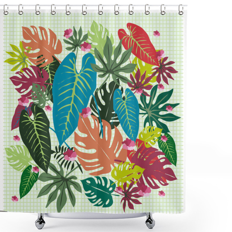 Personality  Vector Graphical Tropical Leaves Bright Pattern With Vibrant Texture In Pop Art Style, Modern Summer Background Allover Print. Split Leaves, Philodendron, Monstera Leaves Shower Curtains