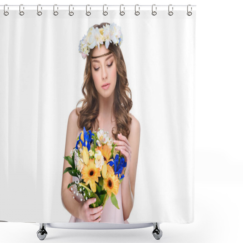 Personality  Young Woman In Floral Wreath With Bouquet Isolated On White Shower Curtains