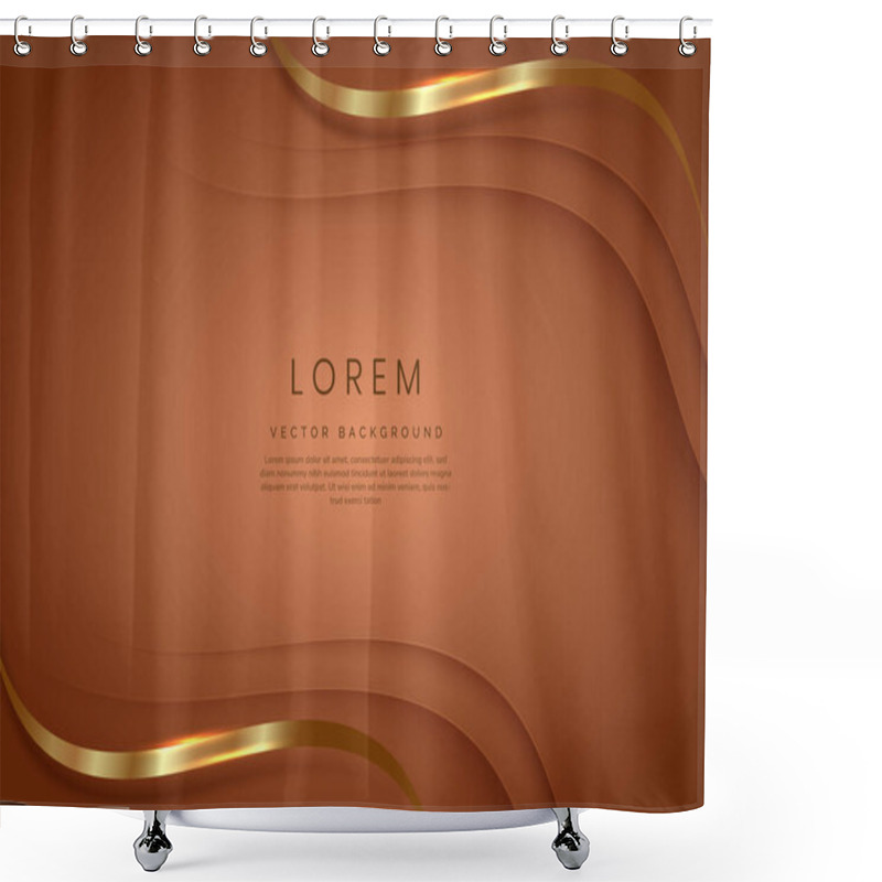 Personality  3D Modern Luxury Template Design Gold Curved Shape And Golden Curved Line On Brown Background. Vector Illustration Shower Curtains