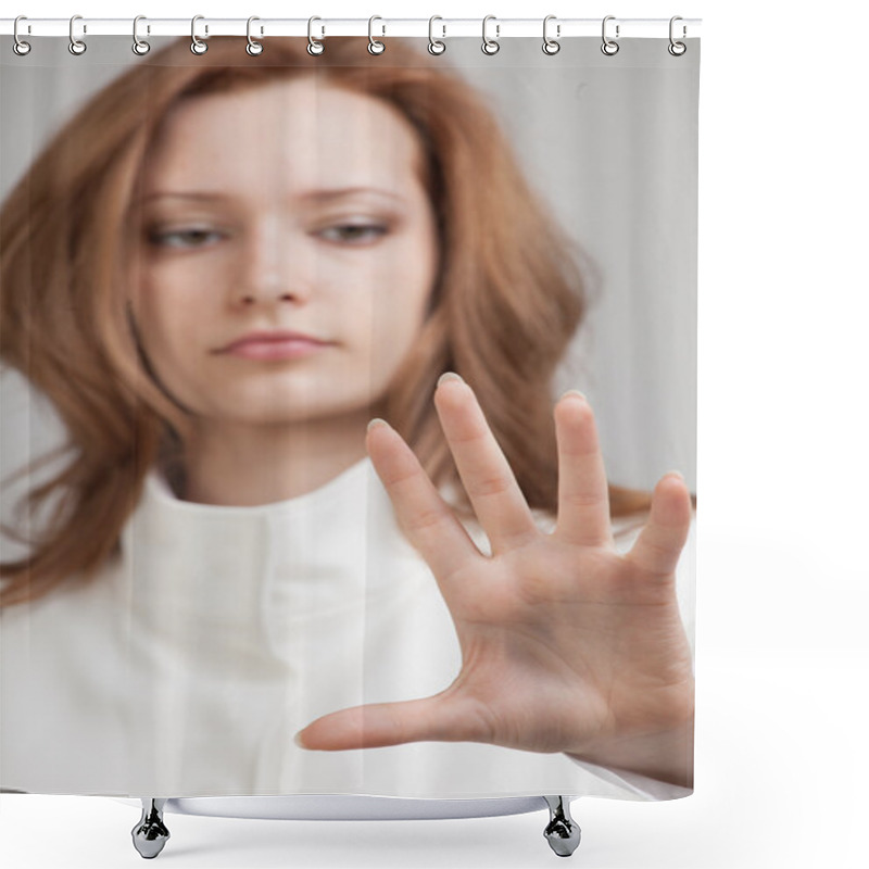 Personality  Young Girl Working With Virtual Screen Shower Curtains