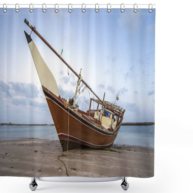 Personality  Old Dhow On Beach In Ras Al Khaimah, United Arab Emirates Shower Curtains