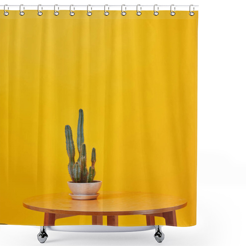 Personality  Cactus In Flowerpot At Wooden Coffee Isolated On Yellow Shower Curtains