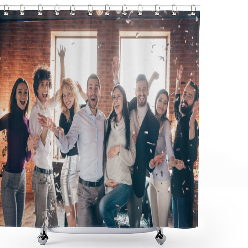 Personality  Photo Of Amazing Eight Best Friends Confetti Fall Arranging Surprise Baby Party Greeting Future Young Parents Raise Hands Formalwear Restaurant Indoors Shower Curtains