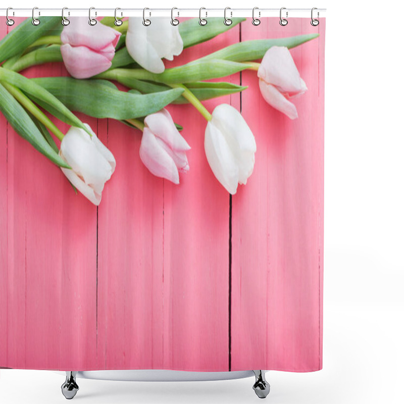 Personality  Tulips Flowers On Pink Wooden Background Shower Curtains