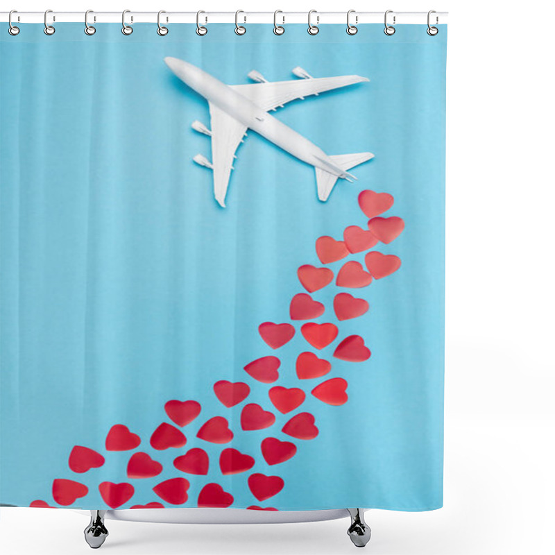 Personality  Top View Of Plane Model And Red Hearts On Blue Background Shower Curtains