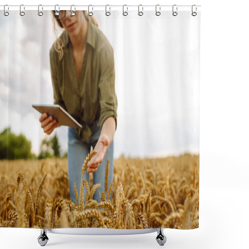 Personality  Female Farmer Using Digital Tablet In Wheat Field. Smart Farming And Digital Agriculture. Shower Curtains