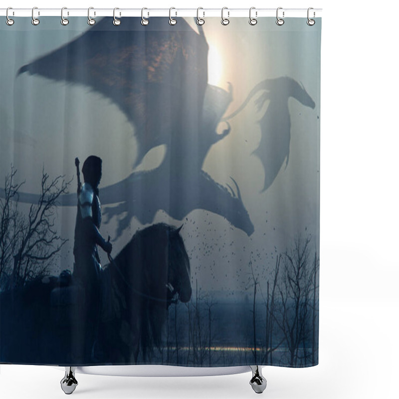 Personality  Brave Epic Knight Riding Horse On A Sunset Landscape With Flying Big Dragons - Concept Art - 3D Rendering  Shower Curtains