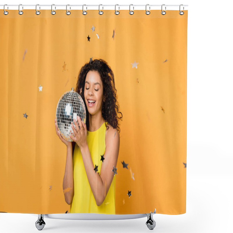 Personality  Curly African American Woman Holding Disco Ball Near Shiny Confetti Stars On Orange  Shower Curtains