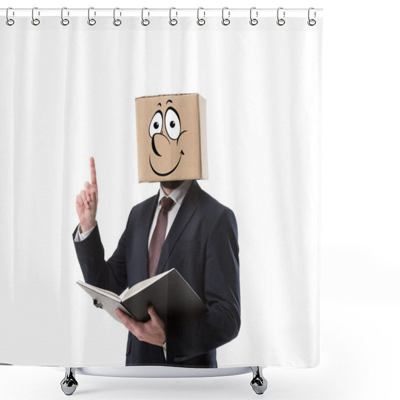 Personality  Businessman With Cardboard Box On Head Holding Folder And Pointing Up With Finger Isolated On White  Shower Curtains